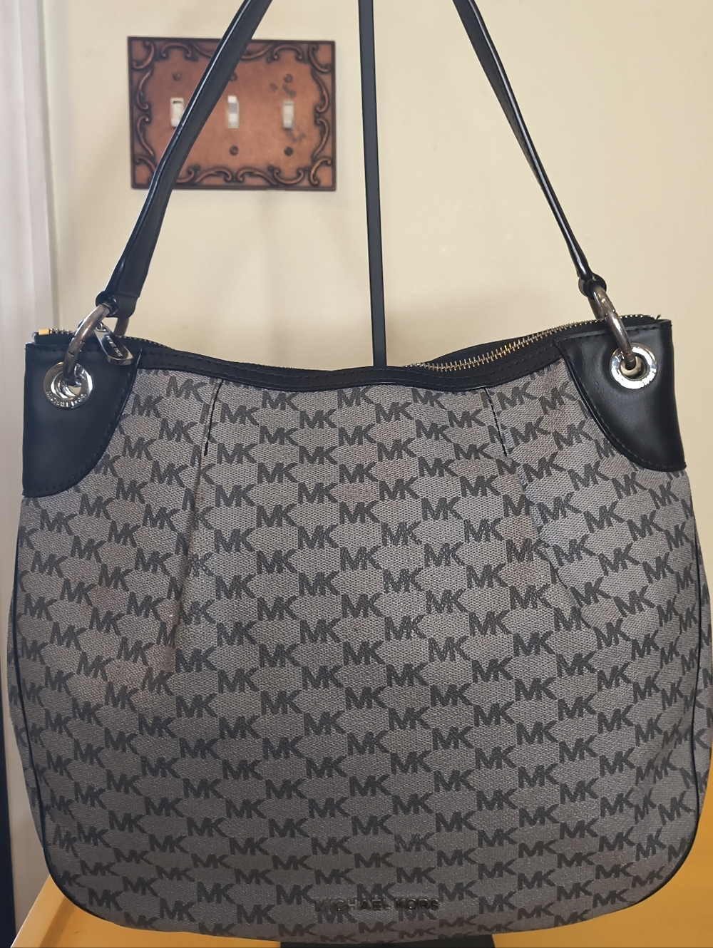 Michael Kors MK Monogram Shoulder Bag Black Gray Logo Canvas Leather Trim Size L